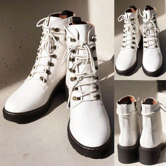 NEW White Faux Vegan Leather Laced Up Lug Sole Platform Ankle Combat Boots Shoes - Picture 4 of 12